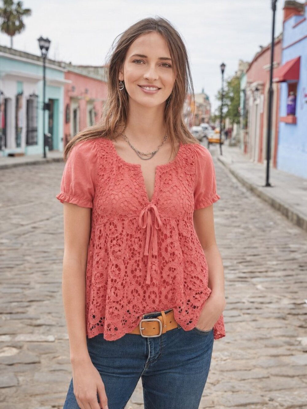 SUNDANCE: Eyelet Lace Tee with Jersey Back